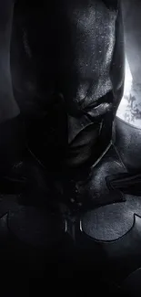 Dark hero in black armor stands in shadows.