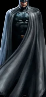 Mysterious hero in a black cape standing against a dark background.