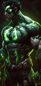 Dark hero with neon green glow emitting energy.