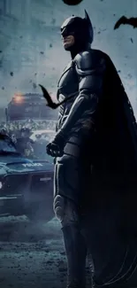 Dark hero stands in city with bats flying.