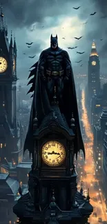 Superhero stands atop a city clock tower at night.