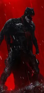 Dark hero standing against a red background.