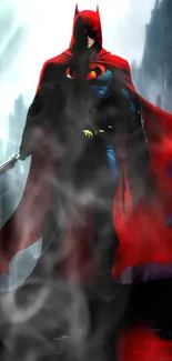 Silhouette of a dark hero with a red cape in a rainy cityscape.