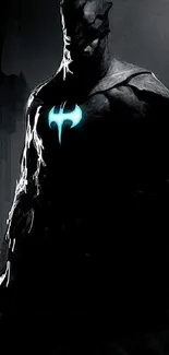 Dark superhero silhouette with glowing emblem.