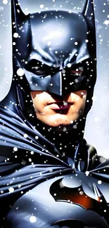 Dark hero in snowy landscape wallpaper.