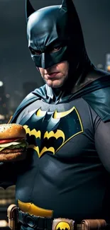 Dark superhero enjoys a burger in city skyline, blending humor and adventure.