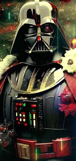 Darth Vader in festive attire with Christmas tree background.