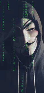 Hooded figure with mask and green matrix code in dark theme.