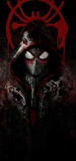 Dark hooded character with red eyes on mobile wallpaper.