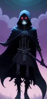 Dark hooded character with red eyes in purple background.