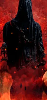 Dark hooded figure amidst fiery background in mystical wallpaper.