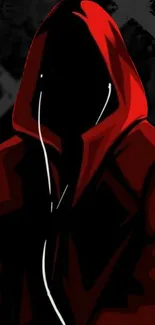 Red hooded figure with mysterious dark background.