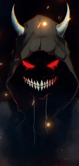 Dark hooded figure with red eyes and menacing smile, creating a mysterious atmosphere.