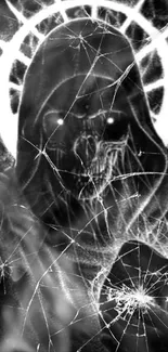 A chilling, dark hooded figure with cracked glass effect in monochrome design.