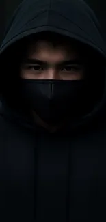 Dark hooded figure in a black mask, creating a mysterious aura.