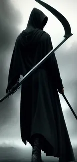 Dark hooded figure with scythe under stormy skies.