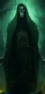 Eerie dark hooded skeletal figure in a green glow background.