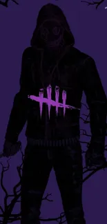 Dark hooded figure silhouette on purple background.