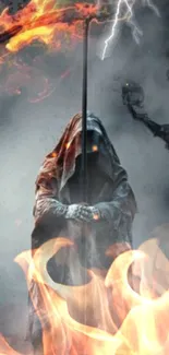 Hooded figure with flames and lightning in a smoky atmosphere