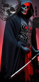 Dark hooded figure with a sword on a vibrant red background.