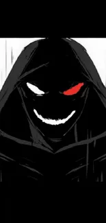 Dark hooded figure with red eye on mobile wallpaper.