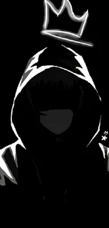 Dark hooded figure with a crown on black background.