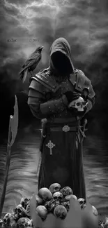 Dark hooded figure with crow and skulls, black and white theme.