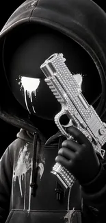 Hooded figure holding a metallic gun in dark setting.