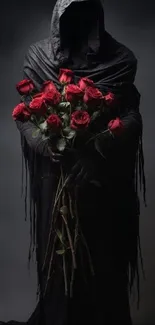 Hooded figure in dark robe holding red roses, creating a mystical and gothic vibe.