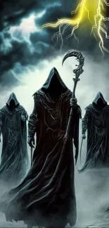 Hooded figures and lightning in dark fantasy wallpaper.