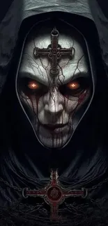 Gothic figure with fiery eyes and dark hooded cloak for mobile wallpaper.