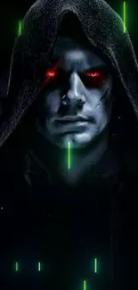 Dark hooded figure with glowing red eyes on black background.