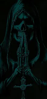 Dark hooded skeleton praying with a rosary cross in an eerie wallpaper.