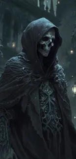 Dark hooded skeleton in gothic setting wallpaper.