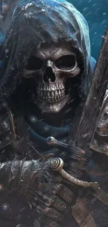 Dark hooded skeleton warrior with intricate armor holding a sword.