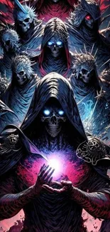 Dark hooded skeleton figures with mystical glow.