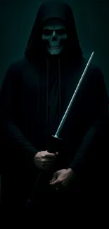 Hooded skull figure holding a sword in dark artwork.