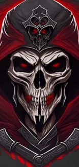 Dark hooded skull artwork in red with intricate gothic design.