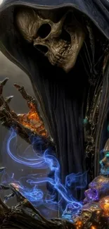 Dark hooded skull surrounded by colorful energy.