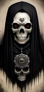 Dark hooded skull with red eyes in gothic art style.