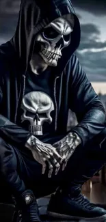 Hooded man with skull face sitting against a moody urban backdrop.