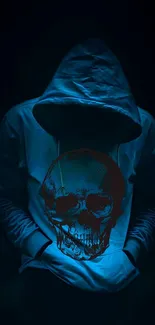 Dark hooded figure with glowing skull design on mobile wallpaper.