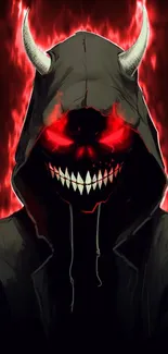 Hooded figure with glowing red skull and horns, dark background.