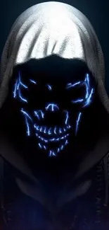 Dark hooded figure with glowing blue skull design on black background.