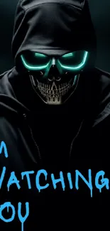 Hooded skull with glowing eyes in dark wallpaper.