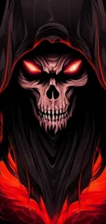 Eerie hooded skull with glowing red eyes wallpaper.