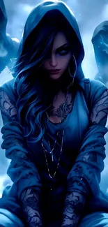 Dark hooded woman with tattoos in a mystical blue aura.