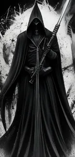 Dark hooded warrior with sword and cloak in black and white art.