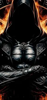 Dark hooded warrior with fiery backdrop.