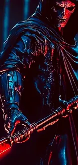 Dark hooded warrior with glowing red staff.